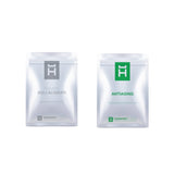 Masque anti-âge bi-composant. Traitement composé de 2 éléments (Poudre et Sérum) conditionnés séparément dans des sachets monodoses pour accélérer la préparation du traitement.